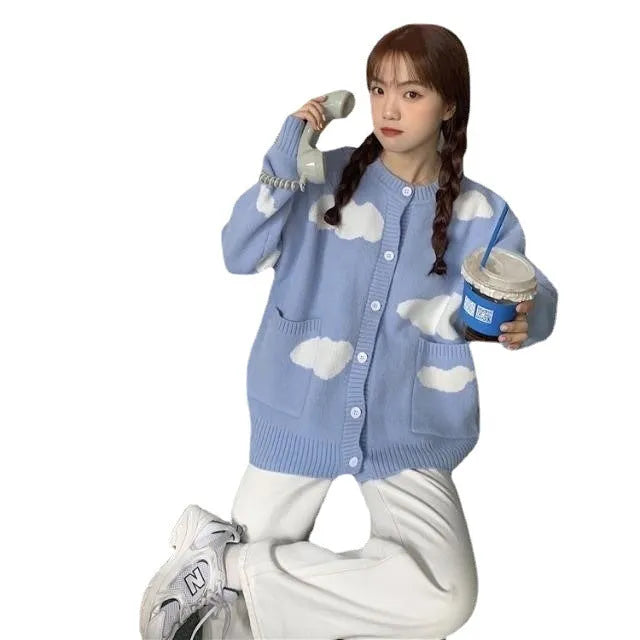 Blue cloud pattern women's cardigan sweater with loose fit and long sleeves for autumn winter wear