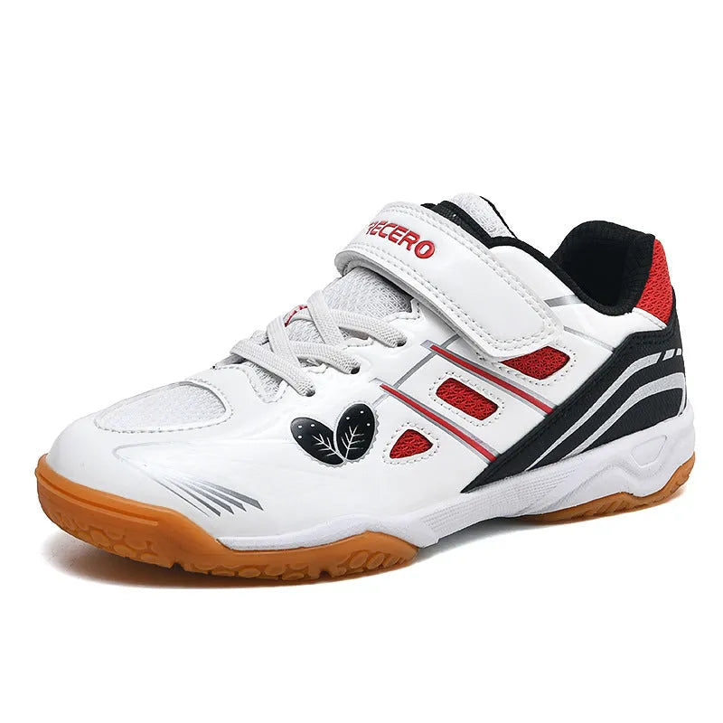 White and blue casual badminton shoes with ribbed sole and breathable PVC upper.