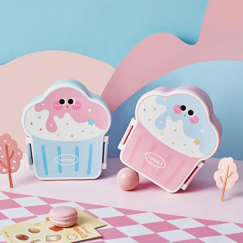 Creative ice cream shaped plastic lunch box with compartments and utensils in pink and blue cartoon designs
