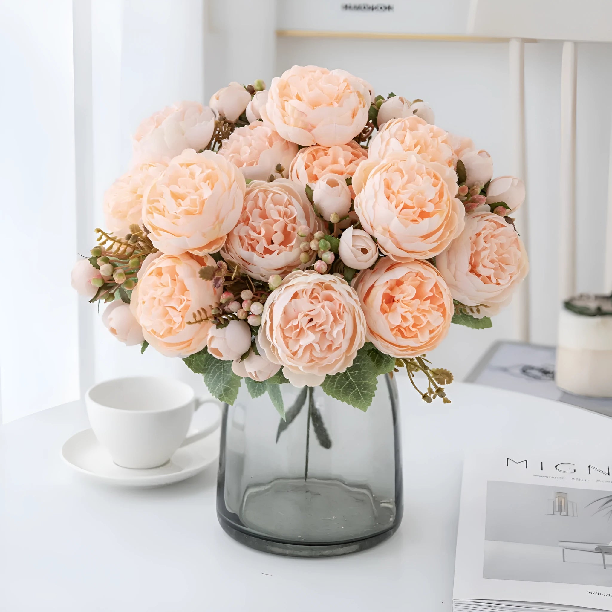 Silk artificial peony bouquet in champagne colour for table decoration