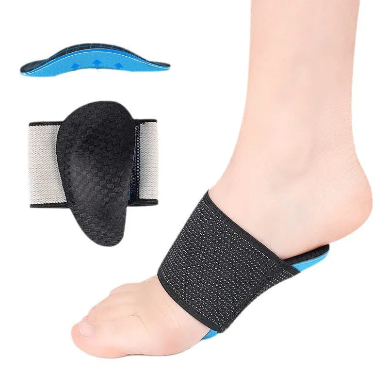 Blue elastic arch support foot pad for flat feet, shown in adult and children sizes