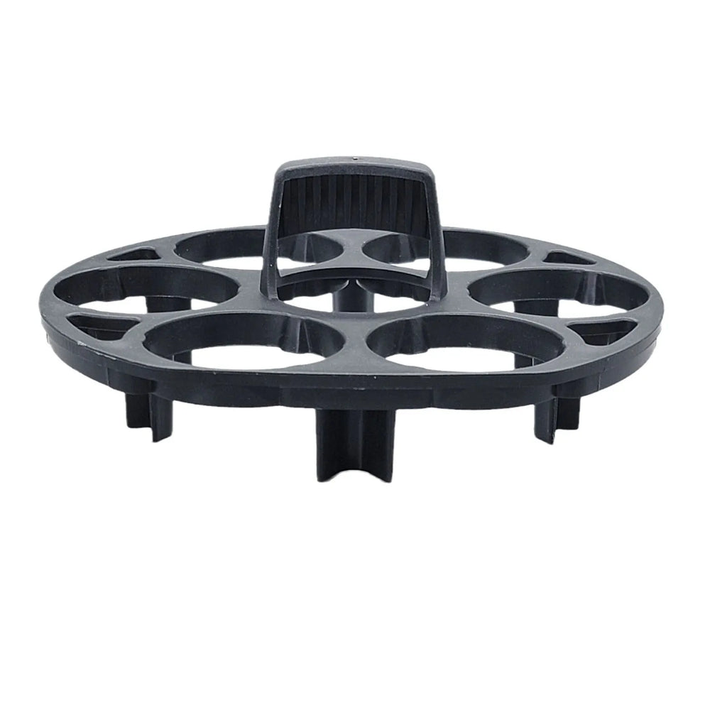Black plastic egg holder basket with dimensions 13.8 by 12.6 by 5.7 centimetres