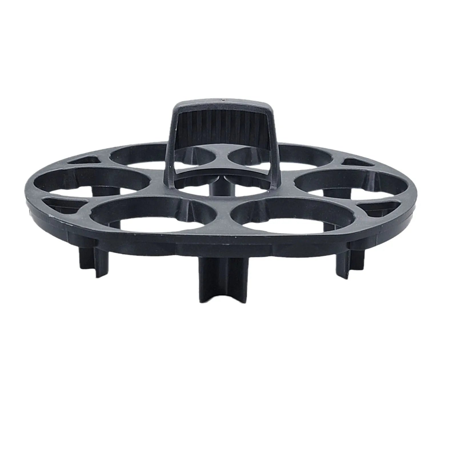 Black plastic egg holder basket with dimensions 13.8 by 12.6 by 5.7 centimetres