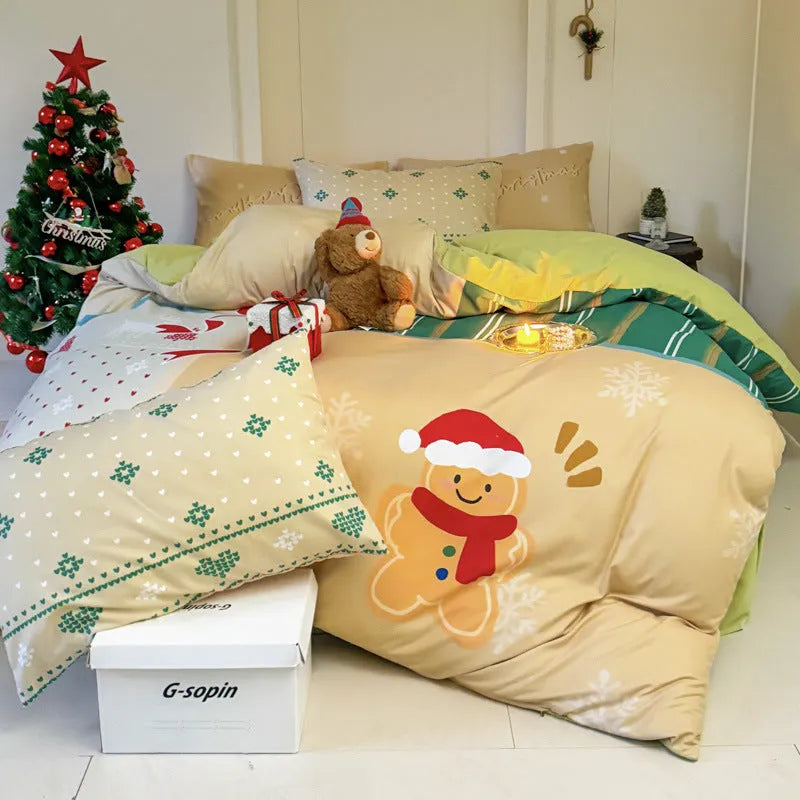 Christmas cartoon print bedding set with gingerbread man design on washed cotton, showing duvet cover and pillowcases.