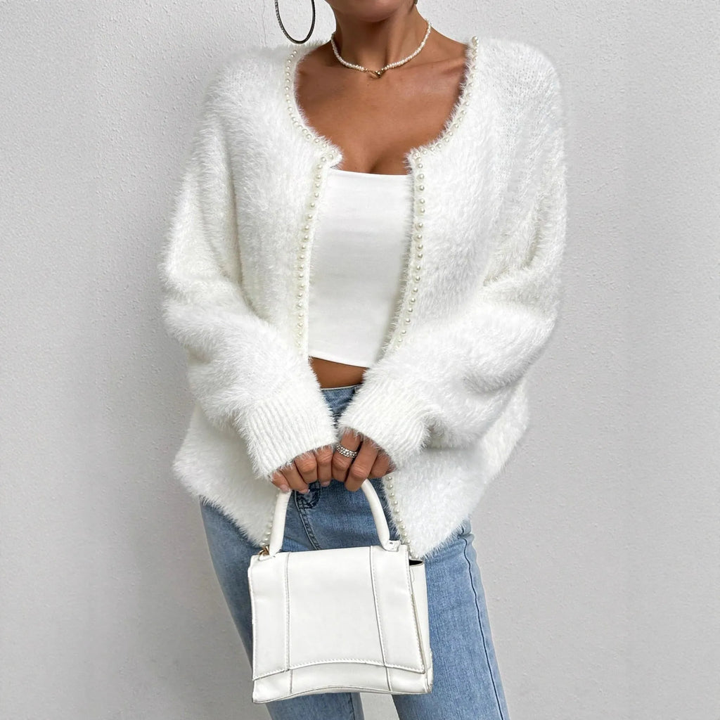 Women's white V-neck cardigan with bead detailing on polyester knit fabric