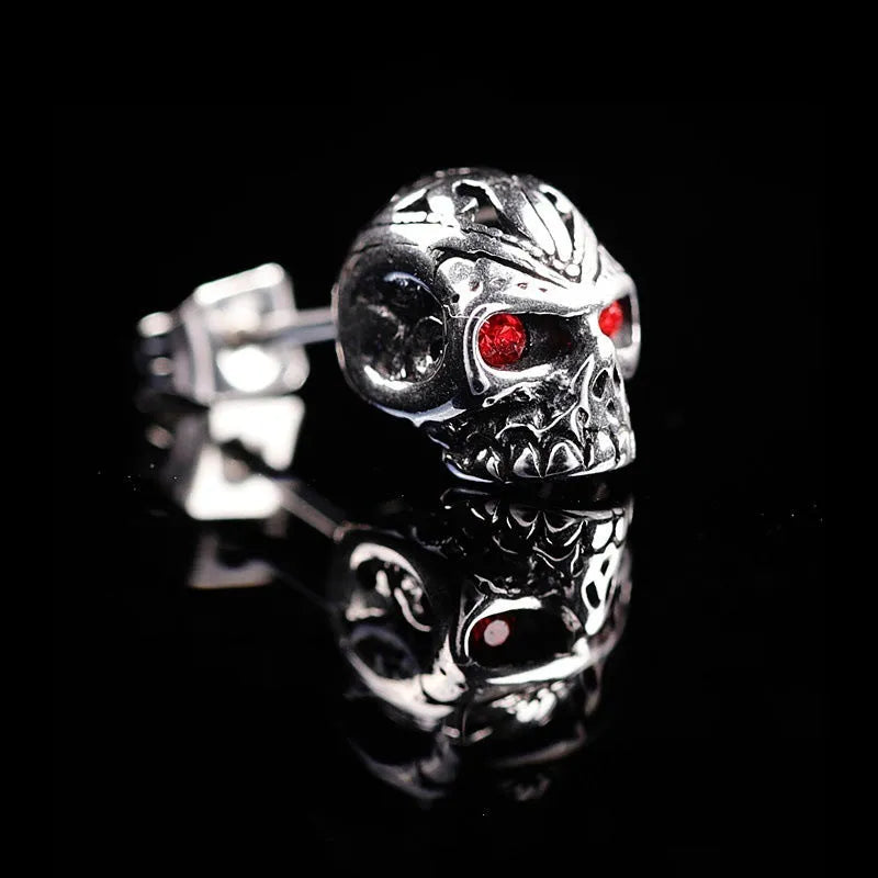 Retro skull stud earrings with red eye ghost head design on alloy construction