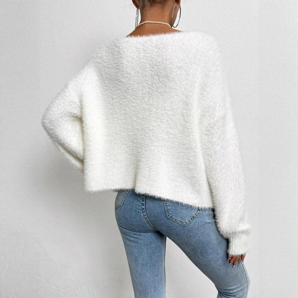 Women's white V-neck cardigan with bead detailing on polyester knit fabric