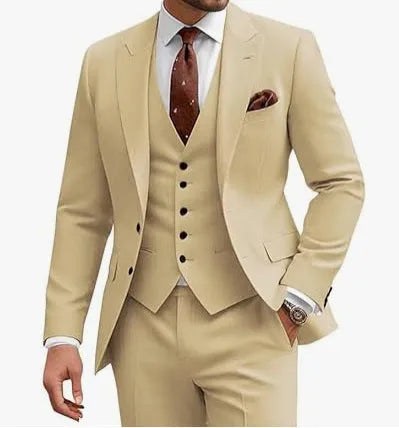 Men's slim fit three-piece suit in a chemical fibre blend, available in multiple colours.