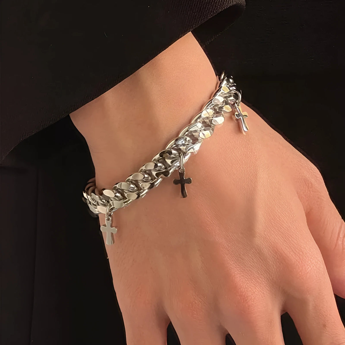 Men's titanium steel bracelet with geometric cross pendant in cold wind style