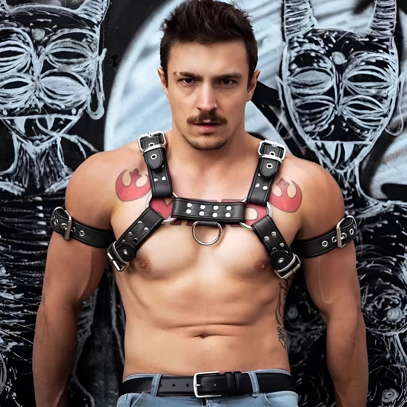 Black leather adjustable chest muscle bondage strap with metal buckle fastening