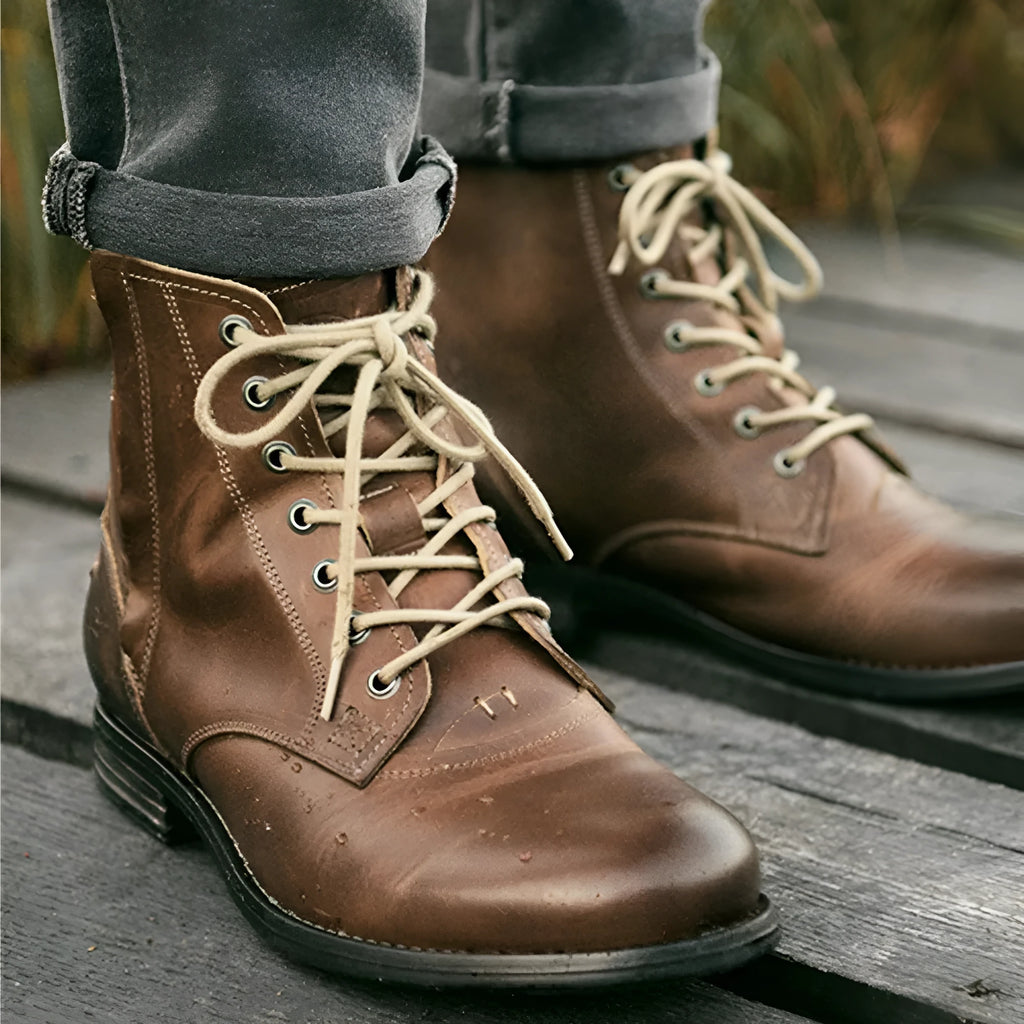 Knight Series men's two-tone leather ankle boots with side zipper, shown in black and brown.