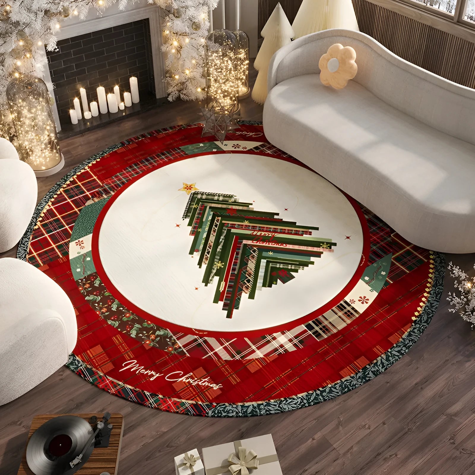 Round red Christmas-themed polyester floor mat with non-slip absorbent base on a living room floor.