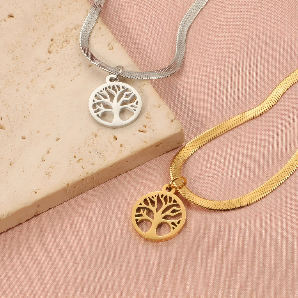 Stainless steel lucky tree necklace with U-shaped pendant on snake bones chain