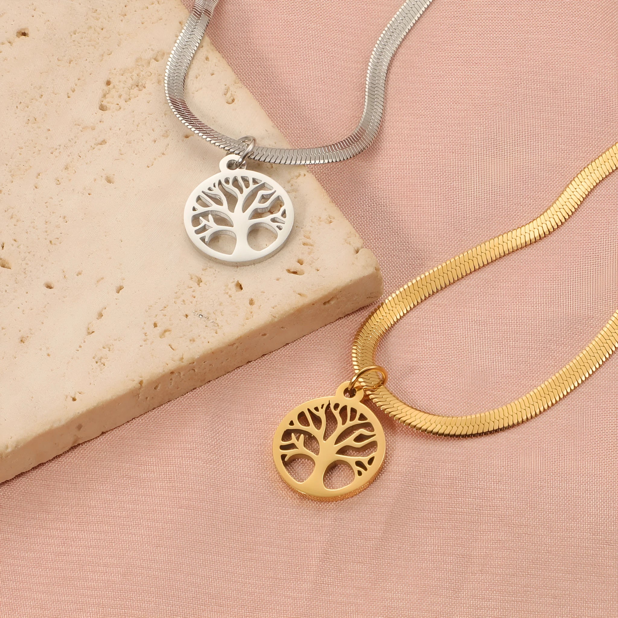 Stainless steel lucky tree necklace with U-shaped pendant on snake bones chain