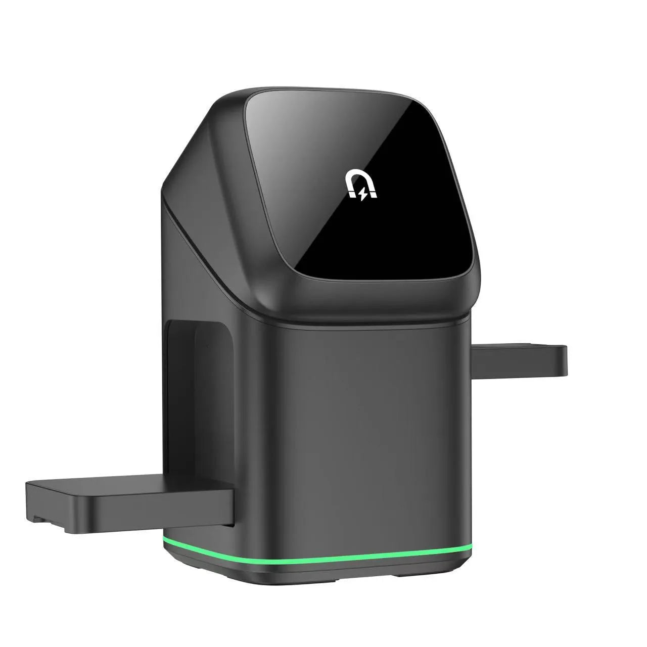 Black mobile phone magnetic wireless charging stand showing 180-degree rotation adjustment on a desk.