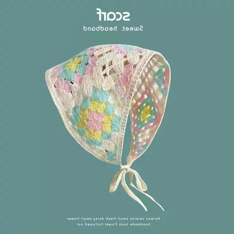 Cotton triangular headscarf with floral pattern options including beige blue little daisy design