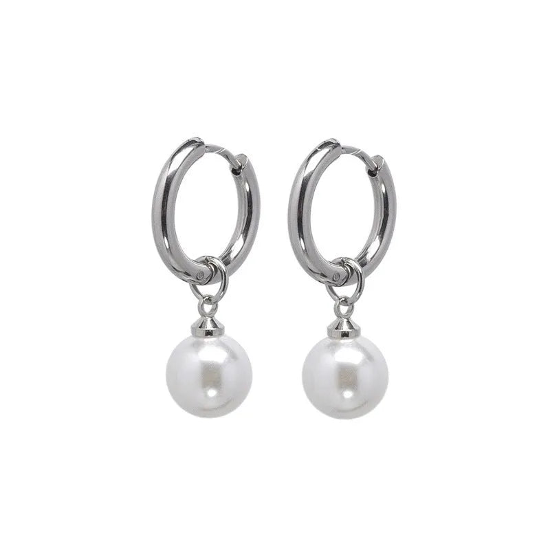 Geometric pearl drop earrings with alloy construction and titanium steel components