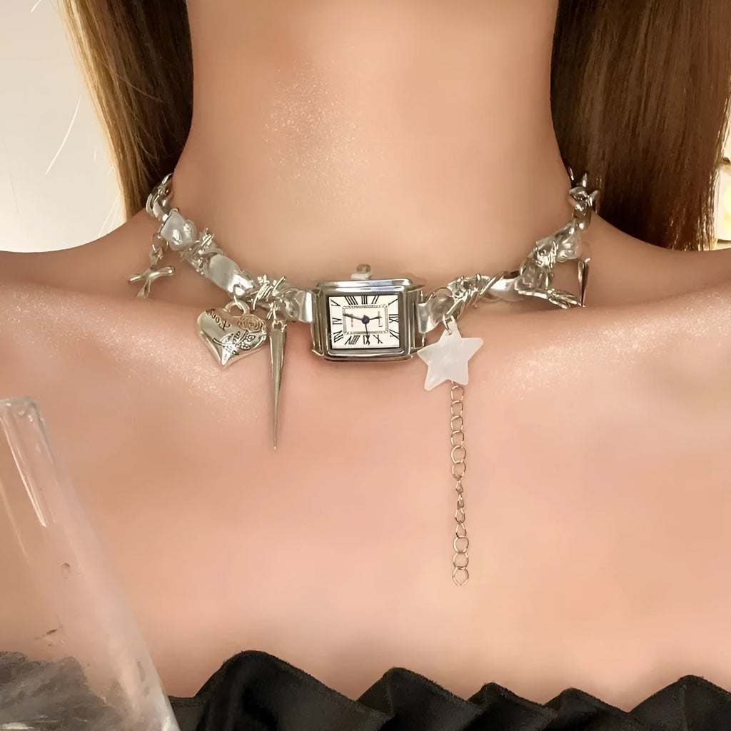 Dark style multi-layer cross necklace with twin clavicle chains and hemp flowers elements