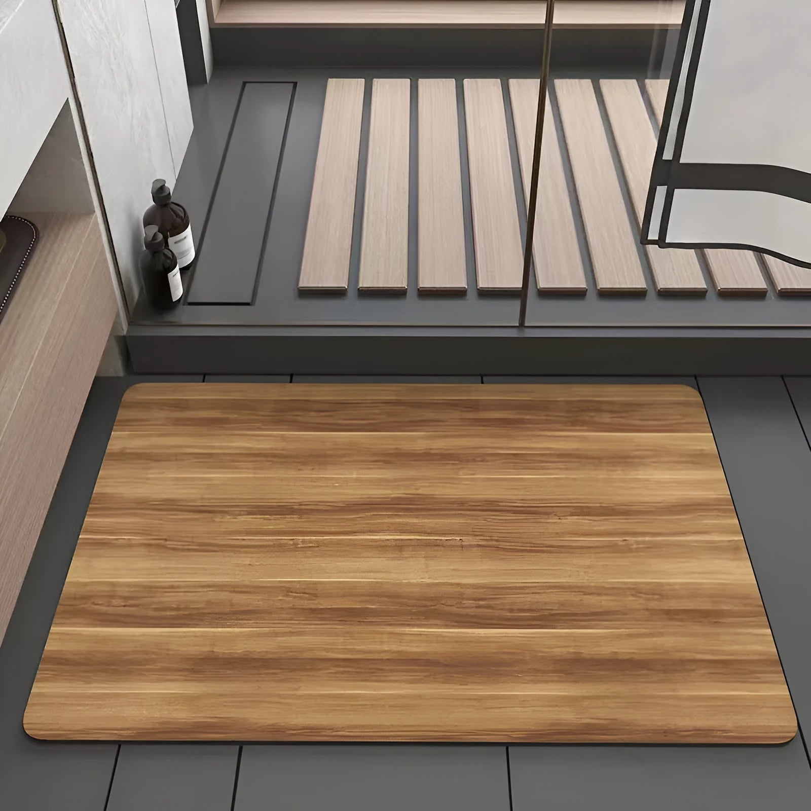 Square diatom ooze floor mat with wood grain pattern for bathroom use