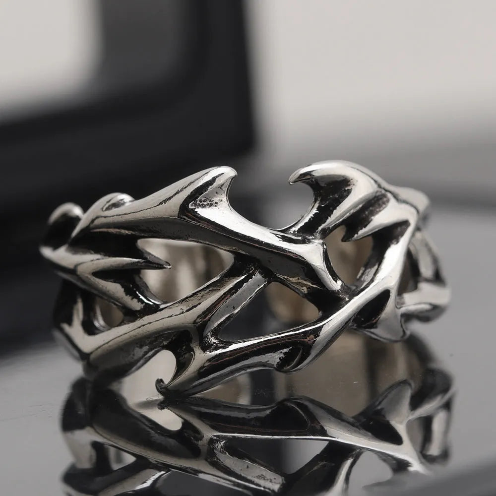 Copper geometric floral ring with thorn design and adjustable opening for men and women