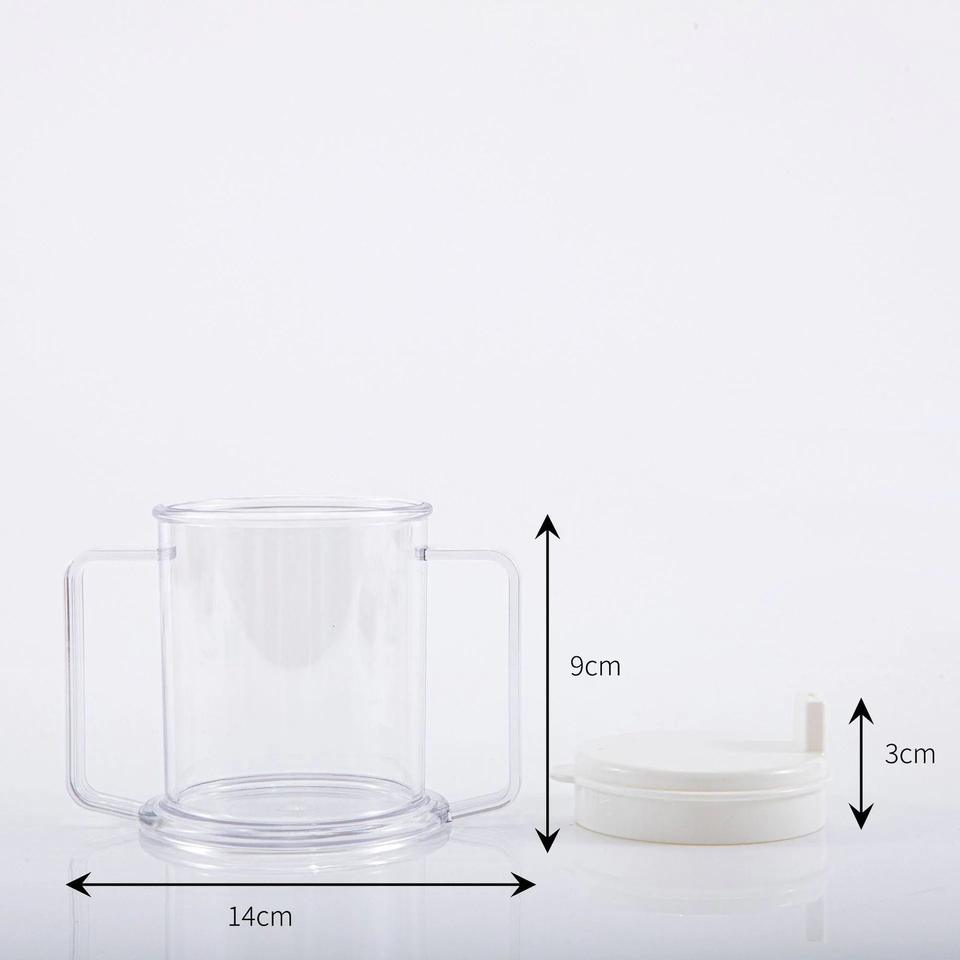 Transparent plastic drinking cup with spill-proof design showing 301-400ml capacity