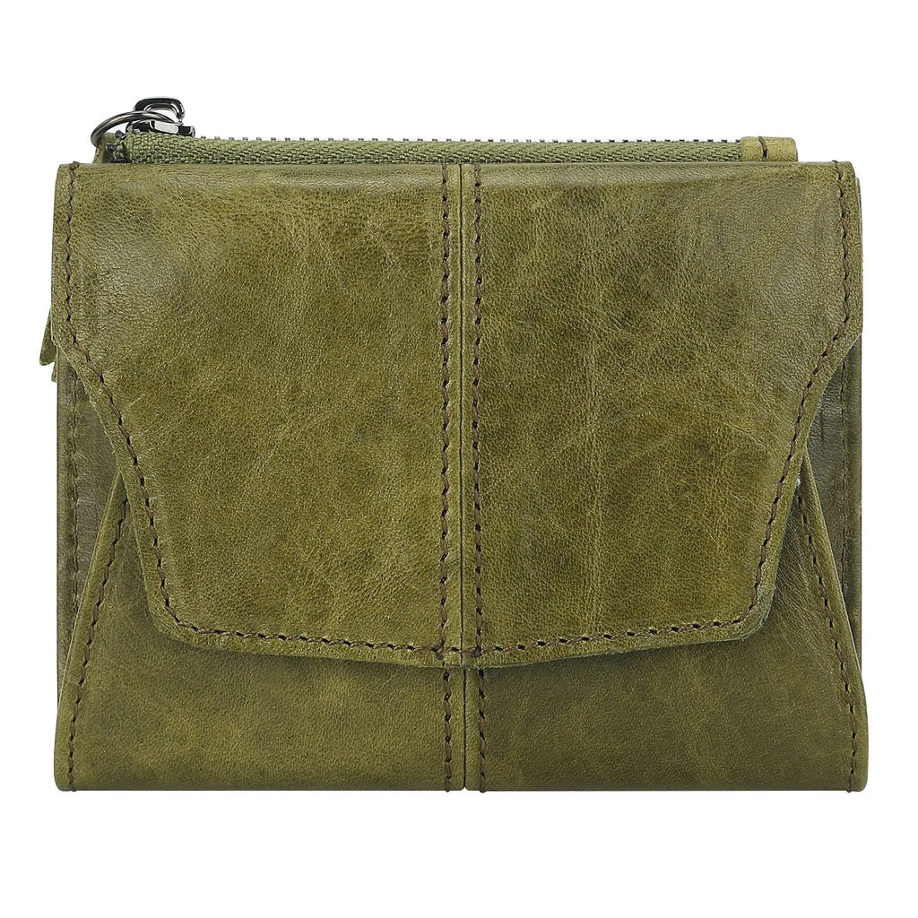 Genuine cowhide slim wallet with stitching detail, shown in multiple solid colour options.