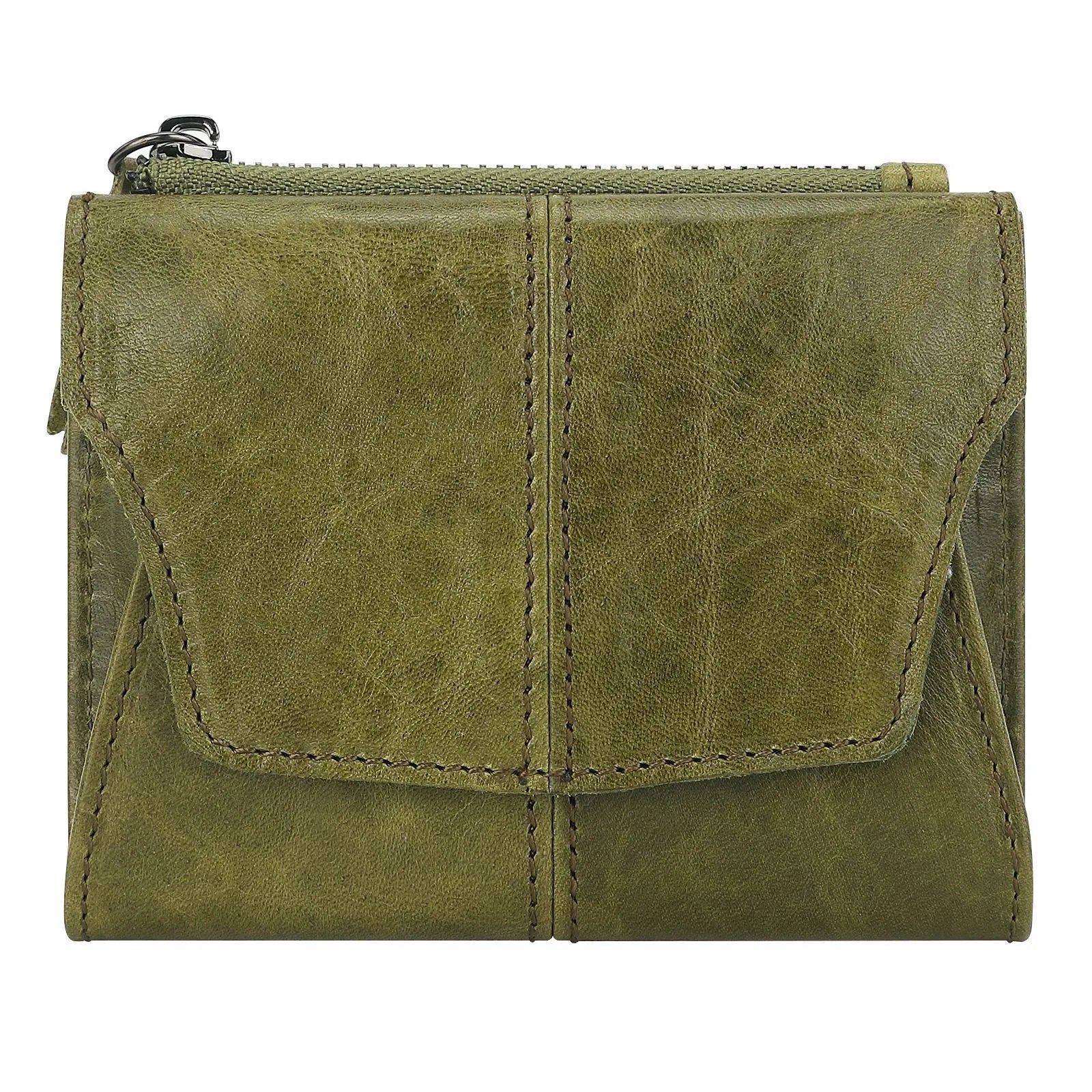 Genuine cowhide slim wallet with stitching detail, shown in multiple solid colour options.