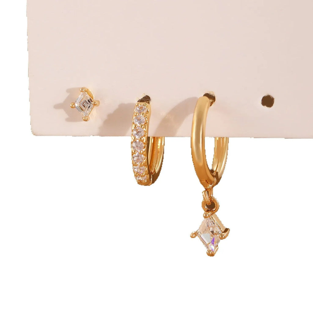 Ladies three-piece earring set showing ear ring, stud earring and ear clip with zircon diamond geometry pendants