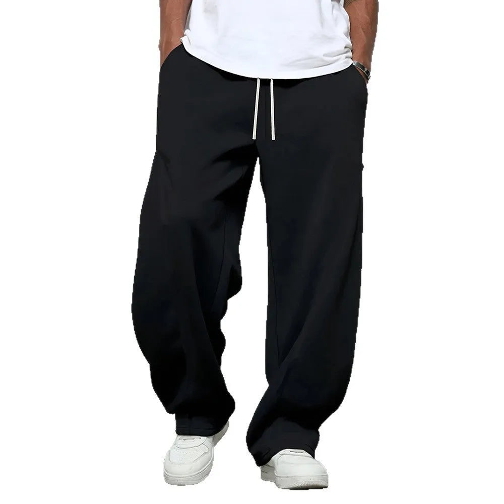 Men's straight-leg casual trousers in grey with a drawstring waistband