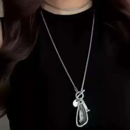 Women's geometric alloy pendant sweater chain necklace with snake bones chain in blue water drop colour