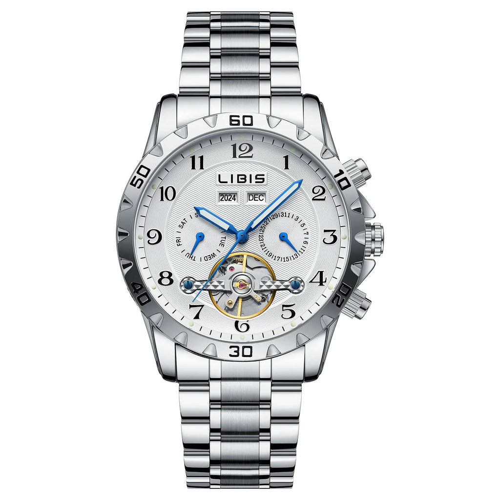 Men's silver automatic perpetual calendar mechanical watch with stainless steel strap