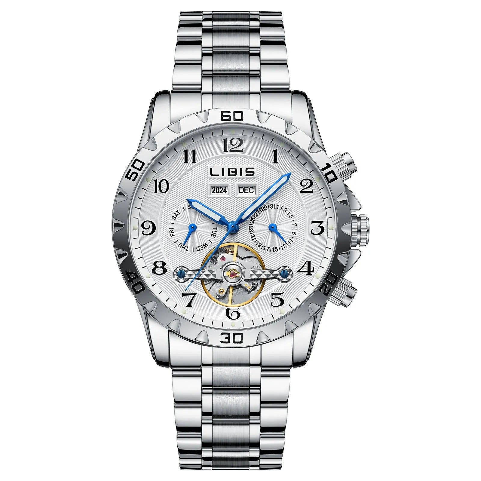 Men's silver automatic perpetual calendar mechanical watch with stainless steel strap