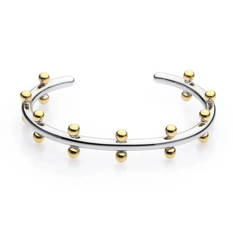 Stainless steel C-shaped bracelet with rivet bean bead texture in gold, steel, or steel gold colour