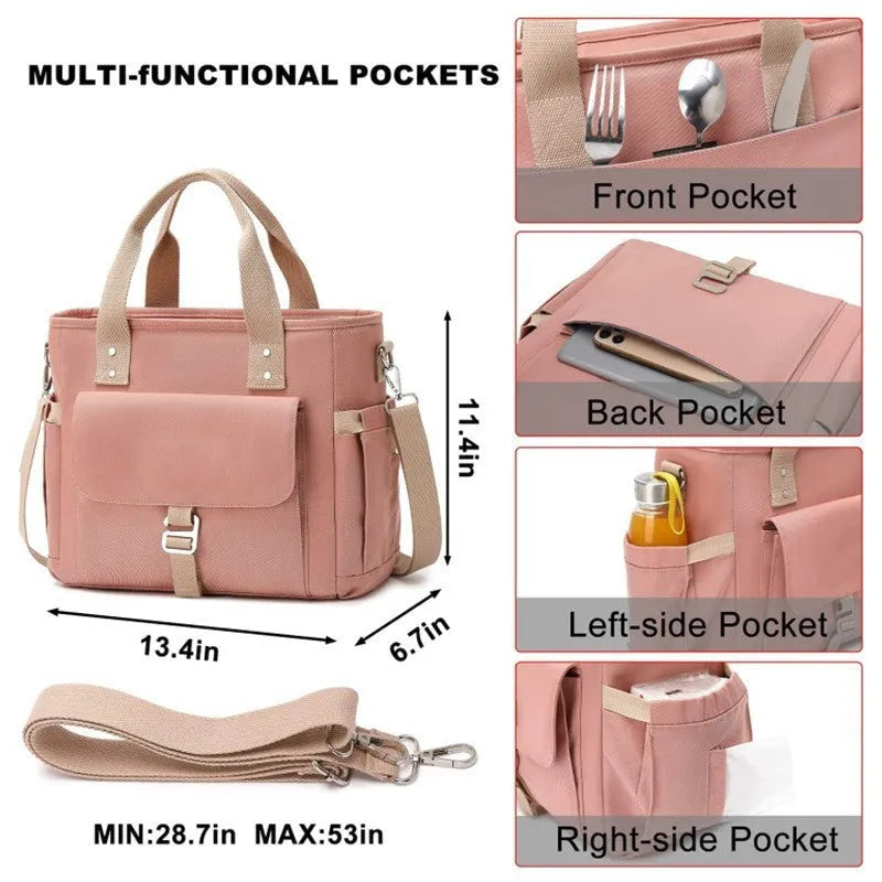 Cube-shaped Oxford cloth picnic bag with a removable shoulder strap and side pocket in pink.