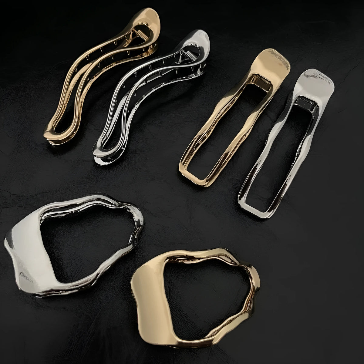Golden and silver zinc alloy barrettes in square, arc and triangle designs for women's hair