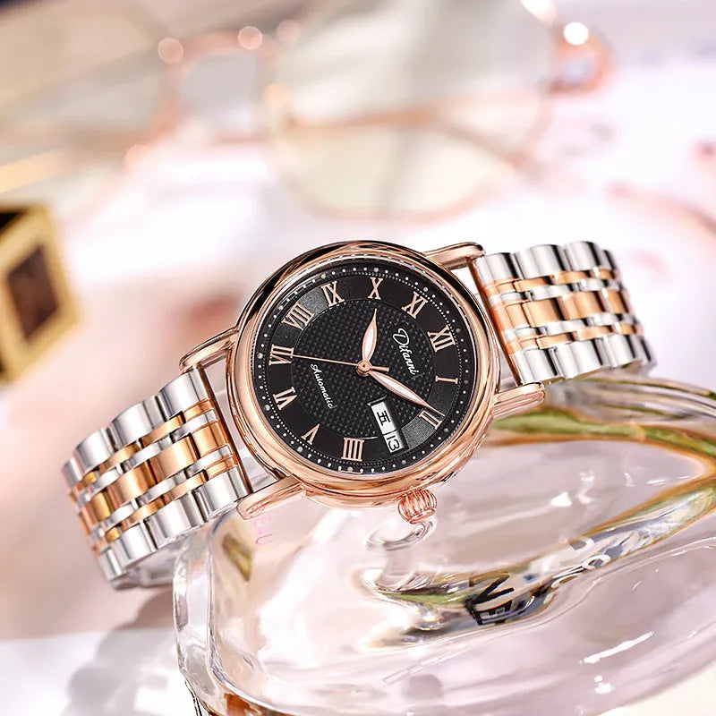 Women's automatic mechanical watch with stainless steel case on a choice of steel or leather strap.