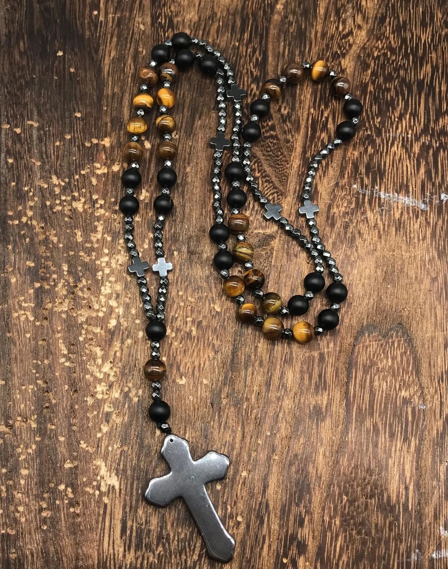 Men's stone cross pendant necklace on an 80cm ball bead chain