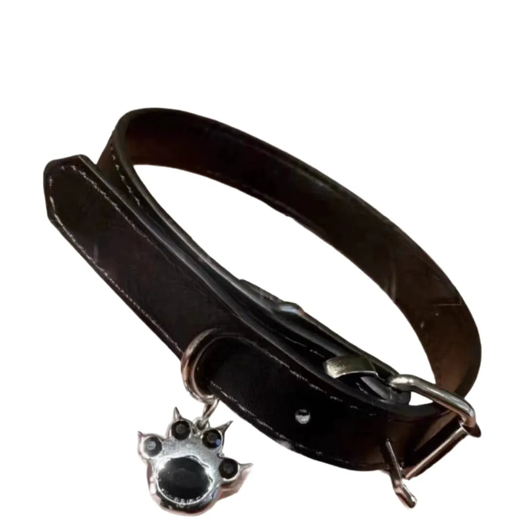 Black adjustable leather choker collar with a choice of cat paw, bone, or LD style charms.