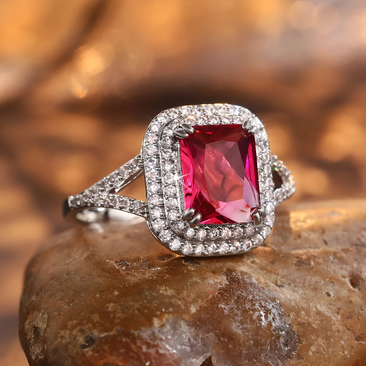 Copper square ring with red rhinestone centre stone, geometric women's jewellery