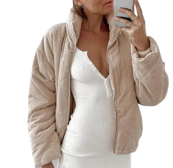 Women's apricot corduroy zip-up jacket with stand collar and street fashion styling