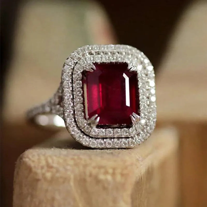 Copper square ring with red rhinestone centre stone, geometric women's jewellery