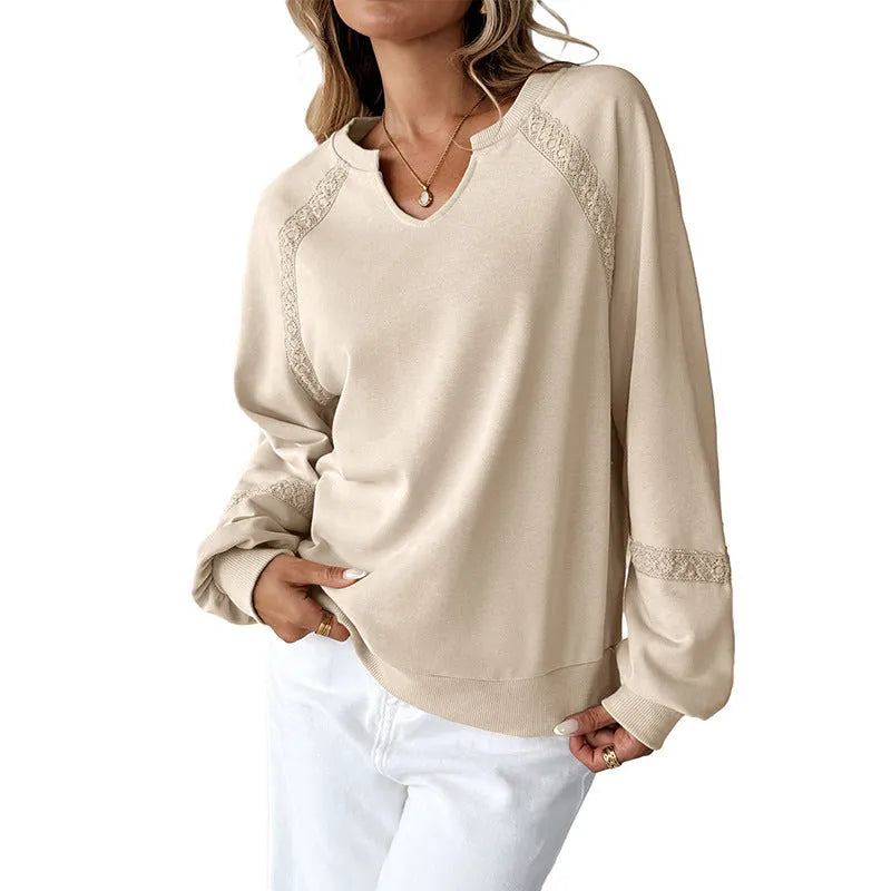 Solid colour women's long sleeve sweater with half-open collar and lace detail on sleeves