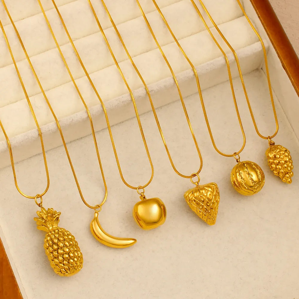 Stainless steel necklace with a fruit-shaped pendant, options include apple, grape, watermelon, pineapple, strawberry, banana.
