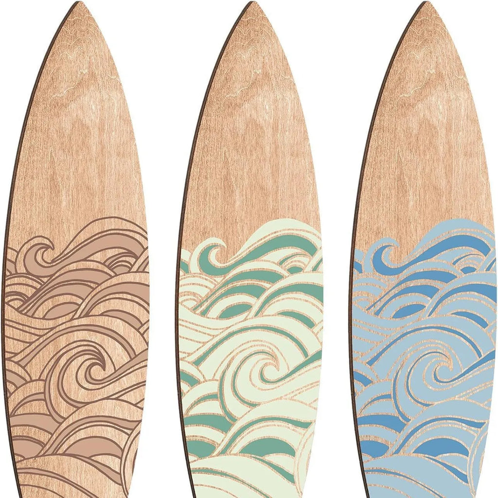 Three wooden surfboard wall decorations made from boxwood, shown together.