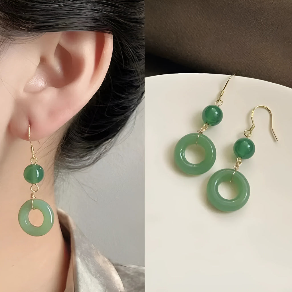 Green jade design peace buckle earrings with 14K gold plating and geometric ring details for Hanfu style