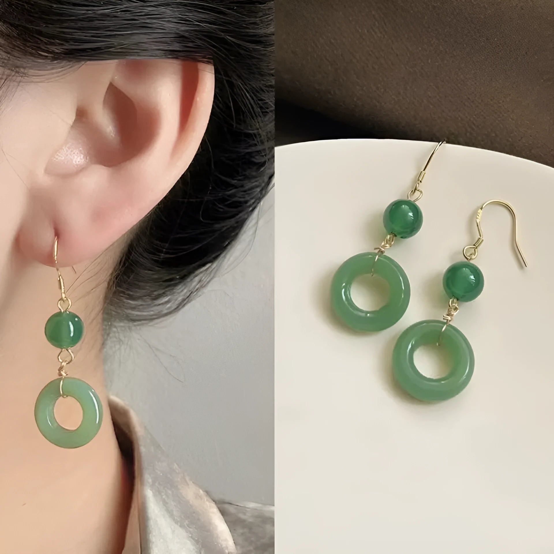 Green jade design peace buckle earrings with 14K gold plating and geometric ring details for Hanfu style