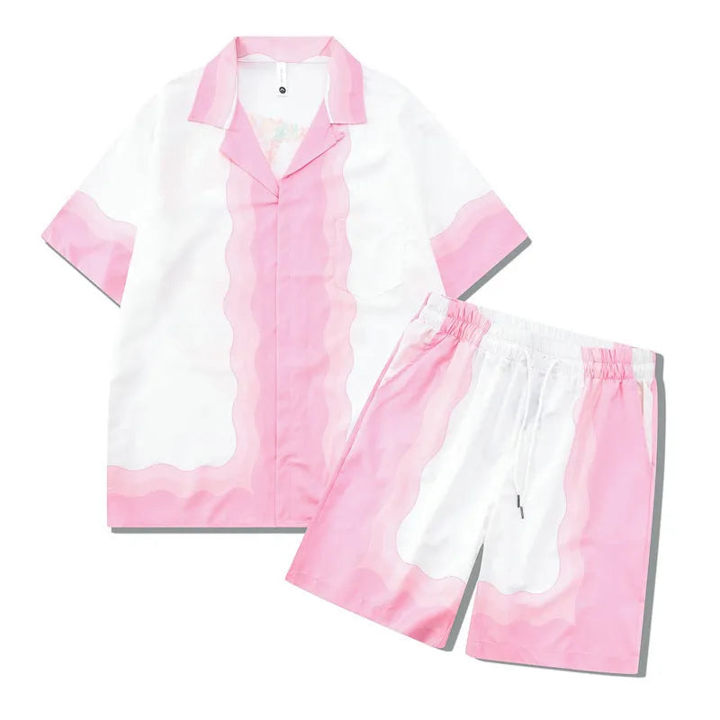 Beach outfit set with plaid printed shirt and matching trousers for teenagers in polyester fabric