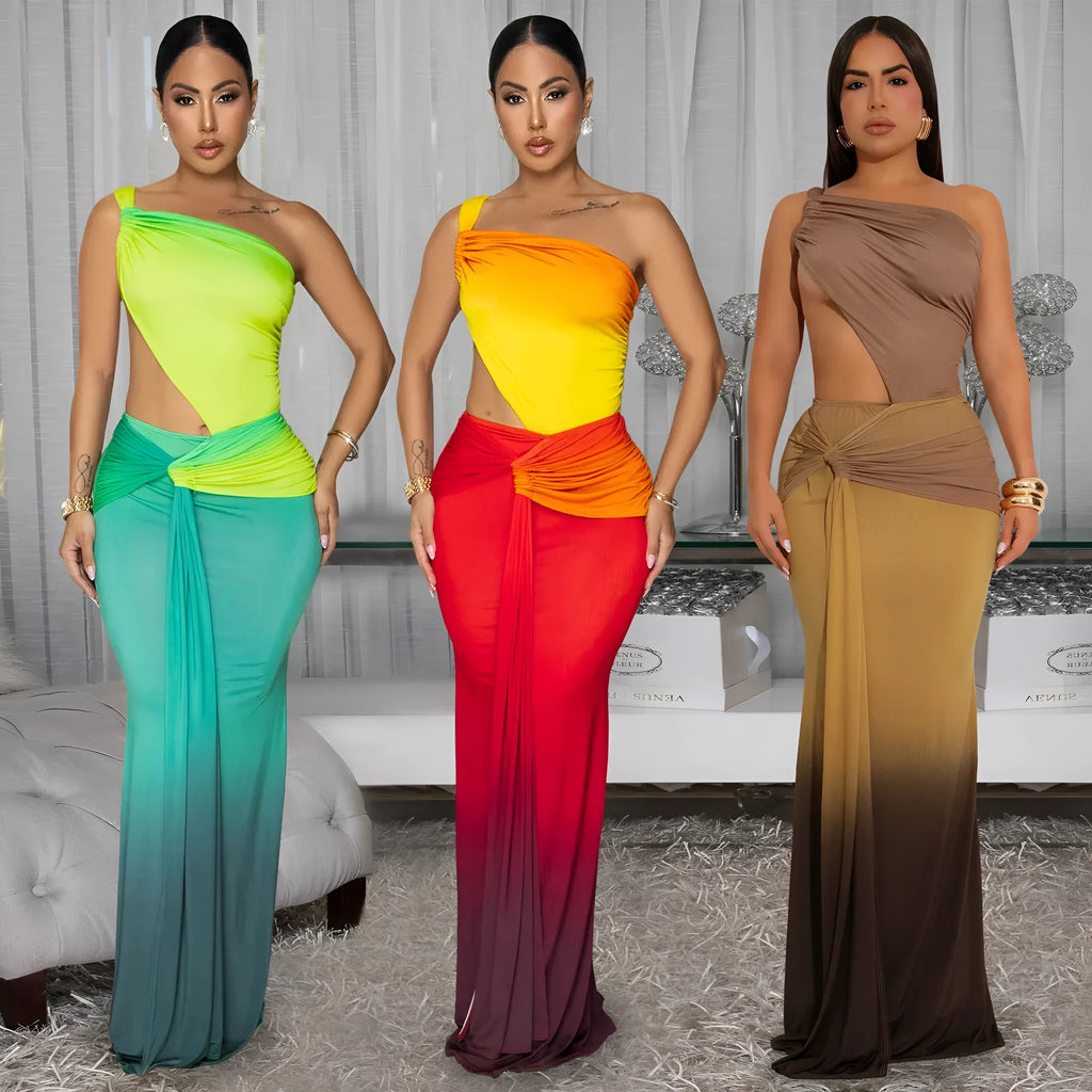 Women's gradient colour cross-shoulder summer dress with high waist and long skirt