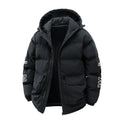 Men's black cotton-padded hooded coat with white letter print and side pockets in Korean cardigan style