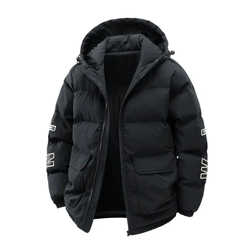 Men's black cotton-padded hooded coat with white letter print and side pockets in Korean cardigan style